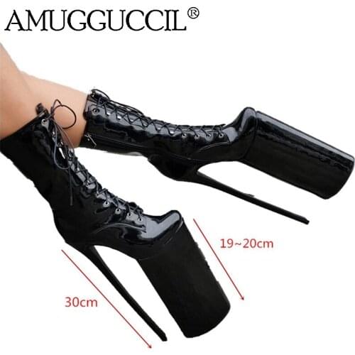 2020 New Plus Big Size 35-47 Black White Lace Up Zip Fashion High Heel Platform Females Girl Lady Mid Calf Women Boots X1915
