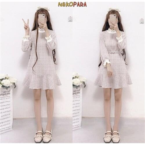 Sweet Doll Womens Fall Vintage Mini Dress Pullover Pink One Piece 2018 Autumn Petal Sleeve Falbala Korean Dress