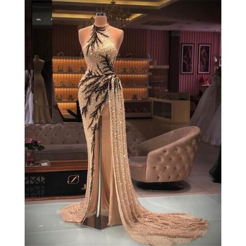 Champagne Beaded Black Girls Prom Dresses 2021 High Split Zipper Birthday Party Gowns Custom Made Plus Size Abendkleider