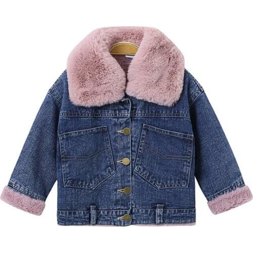 Girl winter plus velvet denim jacket Girl windproof warm casual jacket Girl fur collar cold jacket Girl plus velvet coat