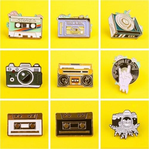 Black Gold Cartoon Camera Brooch Camera Mountain landscape Enamel pins Plant Quantity Mountain Peak Sunrise Alloy Badge Jewelry