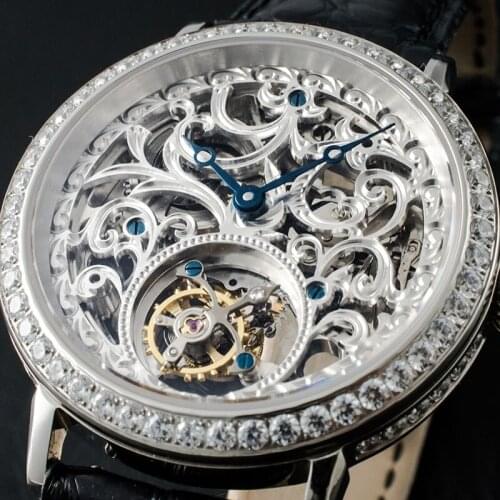 2020 Mens Skeleton Diamond Tourbillon Mechanical Watches ST8000 Hand Wind Movt Sapphire Glass Men Wristwatch Display Backcase