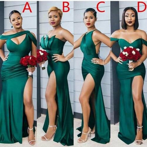 2021 African Bridesmaid Dresses Sleeveless Floor Length Sweep Train Side Slit Silk Satin Pleated Wedding Party Bridemaid Dress