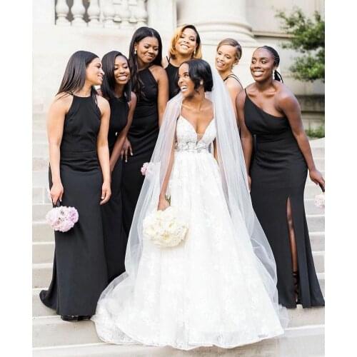 Long Multi Style Stretchy Satin Black Bridesmaid Dresses Mermaid Pleated Floor Length Zipper Back Robes de Soirée for Women