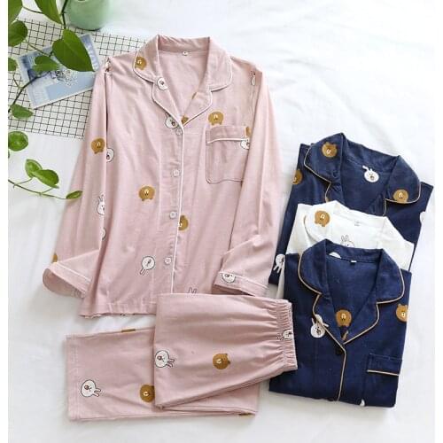 Japanese new style cotton couple pajamas suit women spring and autumn long-sleeved two-piece men autumn and winter home service