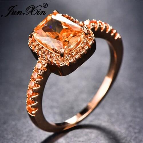 Cute Fashion Female Big Square Ring Rose Gold Champagne Zircon Stone Rings For Women Promise Love Engagement Ring