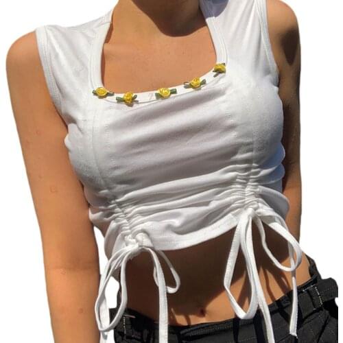 Fashion Square Collar Tops Tank Aesthetic Crop Tops Vest Women Vintage Cute Floral Print Lace-up Camisole Korean