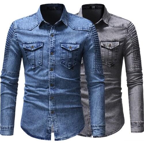Mens Casual Cotton Shirts Regular-fit Long-Sleeve Denim Work Shirt Two Button Front Chest Pockets & Pencil Slot Rugged Wear