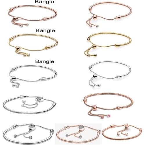 2020 NEW 100% 925 Sterling Silver Adjustable Pave Heart Clasp Snake Chain Slider Bracelet Fit Women Original Fashion Jewelry