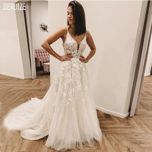 JIERUIZE Charming Long Beach Wedding Dresses 2020 Spaghetti Straps V Neck Lace Applique Backless Wedding Gowns Vestido De Noiva