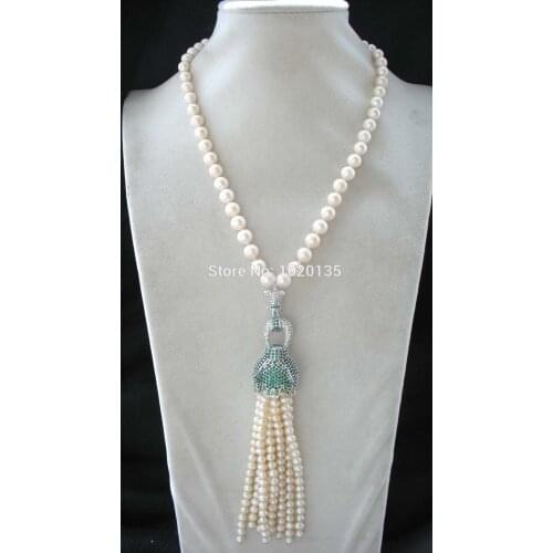 Freshwater pearl white round 9-10mm and green leopard clasp necklace 18" tassel