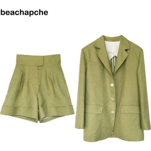 Beachapche Elegant Spring Ladies Shorts Suits 2021 Casual Single-breasted Long Sleeve Blazer & Loose Shorts Women 2 Pieces Set