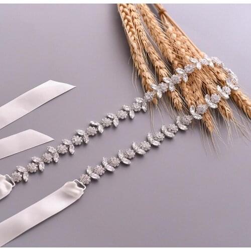 Fashion Bridal Satin Belts Crystal Beads Silver Color Wedding Accessories Decoration Prom Dress Belt Strass Bride Sash B53