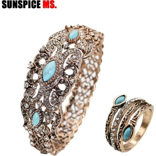 Sunspicems Turkish Jewelry Crystal Bangle For Women Vintage Cuff Bracelet Antique Gold Color Indian Ring Bracelet Sets Gift