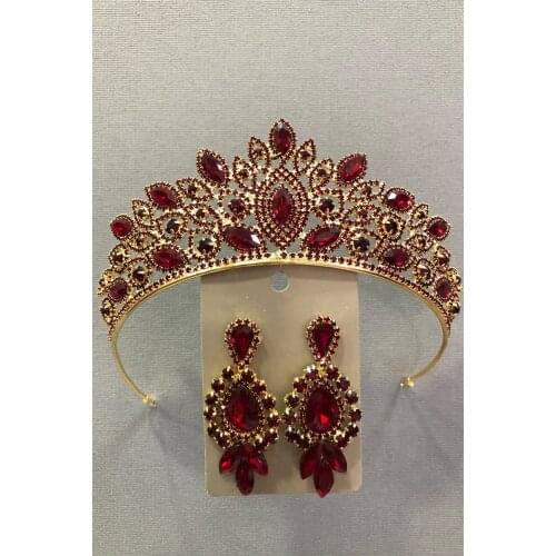 Dark Red Crystal Cubic Zirconia Gold Bridal Tiara Henna Crown And Earrings Pack