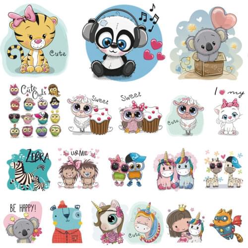 30 Cute Animals Girl Set Heat Transfer Thermal Sticker Panda Unicorn Cat Tiger Iron On Patches Decor For Kids Clothing Appliqued