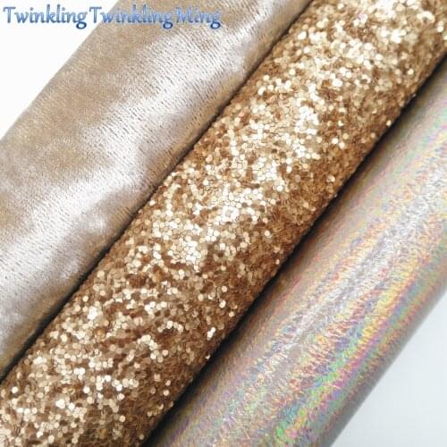 Gold Glitter Fabric, Iridescent Faux Leather Fabric, Velvet Fabric, Synthetic Leather For Bows A4 8"x11" Twinkling Ming XM175