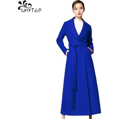 UHYTGF Korean Winter Women Wool Coats High quality Trench long Coat Plus size Autumn Ladies Cashmere Coat Female Windbreaker 303