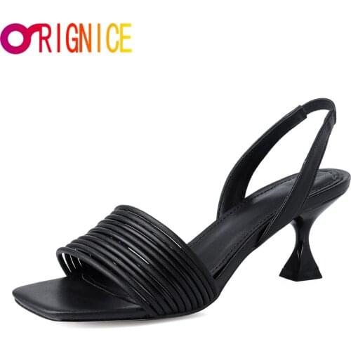 Orignice New Brand Strange Mid High Heels Women Slingback Sandals Genuine Leather Fashion Square Open Toe Rome Dress Shoes