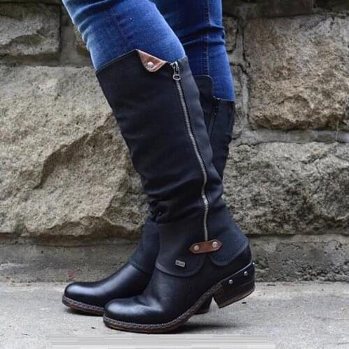 Women Cowboy Knee Boots Punk Boots Western Arch Support Winter Warm Shoes Low Thick Heel Side Zippper Booties Long Shoe Winter99