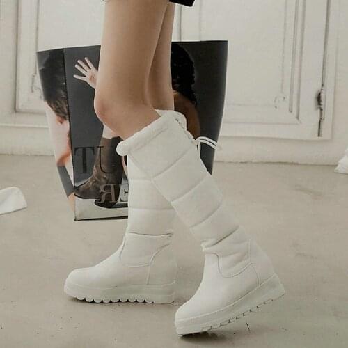 Winter Warm Women Snow Boots Platform Square Heel Women Mid Calf Boots Lace Up Plush Women Warm Boots Big Size 43