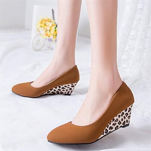 High Heels Women Wedge Round Toe Heels Shoes Leopard High Heels Office Ladies Black Suede Pumps Spring Autumn Shallow Shoes569