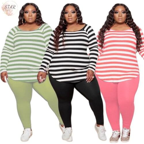 Plus Size 4XL Women Two Piece Outfits Home Clothes Striped Shirts Solid Leggings Pants Sretch Sweat Suit Wholesale Dropshipping
