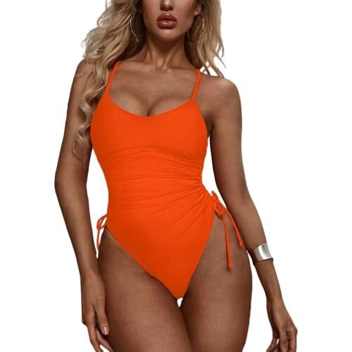 Women Casual Swimsuit U-shape Collar Sleeveless Pleated Army Green/ Orange/ Khaki/ Black