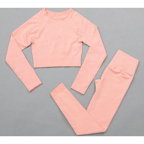 2 piece Set Women Sportswear Yoga Set Ribbed Seamless Long Sleeve Workout Clothes for Women High Waist Sports Leggings Wear Suit