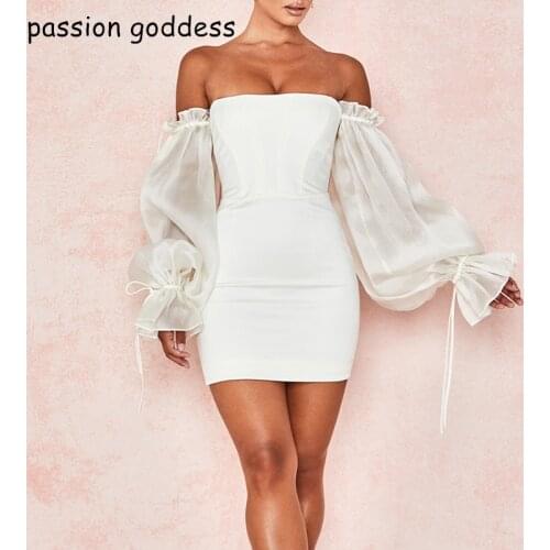 Plus Size Women Fashion Sexy Off The Shoulder Ruffles Lantern Sleeve Solid Bodycon Milk Silk Stain Mini Black White Party Dress