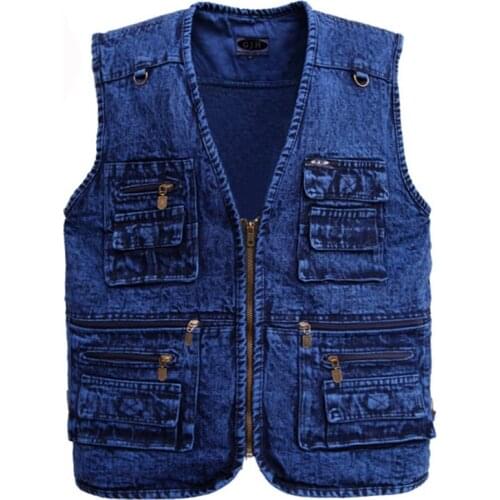 Mens vest Outerwear denim waistcoat blue color no sleeve coat Multi-pocket size XL to 5XL