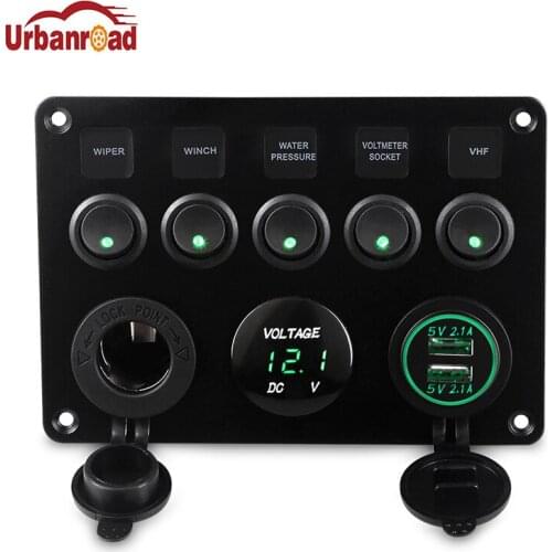 5 Gang Toggle Car Switch Panel Socket Charger 4.2A LED Voltmeter 12V Power Outlet 2.1A 2 Port Charger for Boat Marine RV Truck