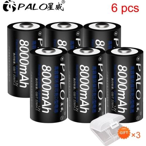 6PCS PALO Ni-MH 1.2V D Size Rechargeable 8000mAh Neutral Battery Rechargeable Battery Baterias Bateria Free shipping