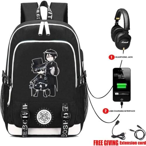 Black Bulter Kuroshitsuji Book bag Rucksack Student School Bag For Boys Girls Travel Backpack USB Port Mochila Black Backpack