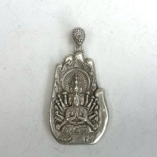 YIZHU CULTUER ART Collection Old Chinese Tibet Silver Carving Avalokitesvara Hand Amulet Pendant Decoration Gift