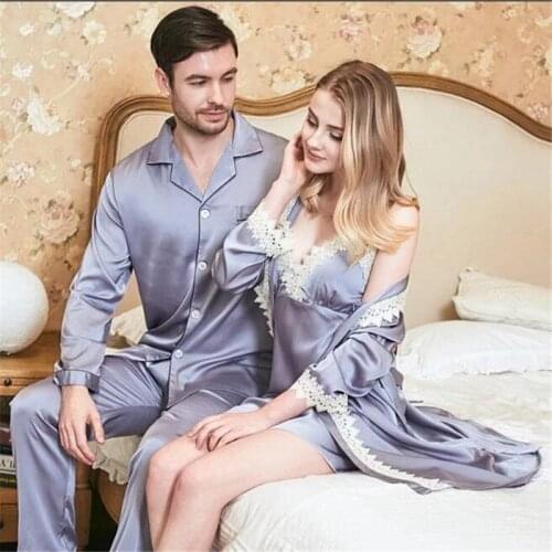 JULYS SONG Couple Pajamas 2 Pieces Woman Pajamas Set Faux Silk Satin Robe & Gown Set Home Wear Women Man Sleepwear Pajamas Suit