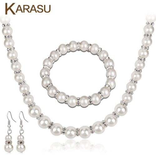 Simple Bridal Simulated Pearls Necklace Earrings Bracelet Set Rhinestone Beads Jewelry Sets for Women Wedding Jewelry