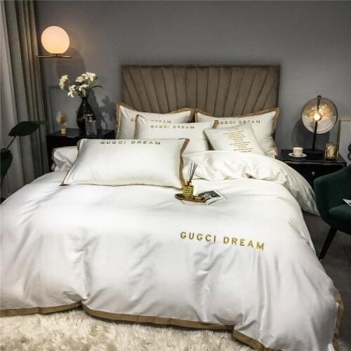 European-style Bedding Set Light Luxury Hotel Style 60 Satin Cotton Duvet Cover Four-piece Linen Pure White Embroidery Bedding