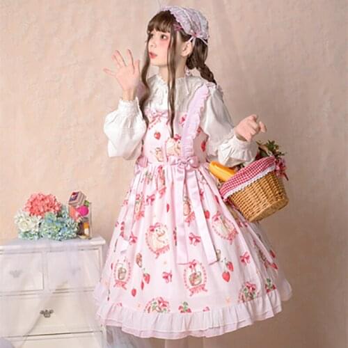 Sweet Pink Strawberry Rabbit Print Lolita Dresses JSK Srap Bowknot Sleeveless Strap Dressing Gothic Cosplay Lo Soft Sister Dress