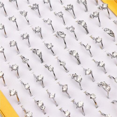 Fashion 30pcs/lots Cute Female Zircon Ring Silver Color Jewelry Engagement Wedding Party Rings For Women Mix Style