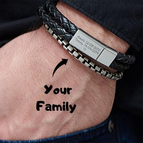 Personalized Men Braided Woven Genuine Leather Bangle Stainless Steel Custom Engraved Name Date Charm Bracelet Birthday Gift