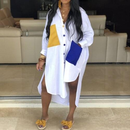 Causal Women Long Shirts 2021 Autumn Long Sleeve Dress Daily Date Split Blouse Female Summer Pockets African Style