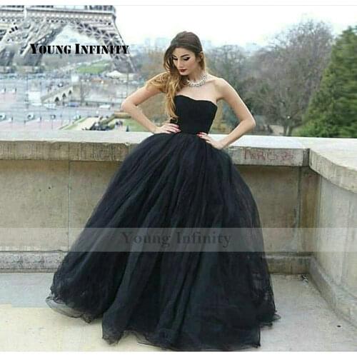 Sexy Strapless Long Black Tulle Prom Dress 2021 Elegant Off Shoulder A Line Formal Evening Party Gown Ball Gown