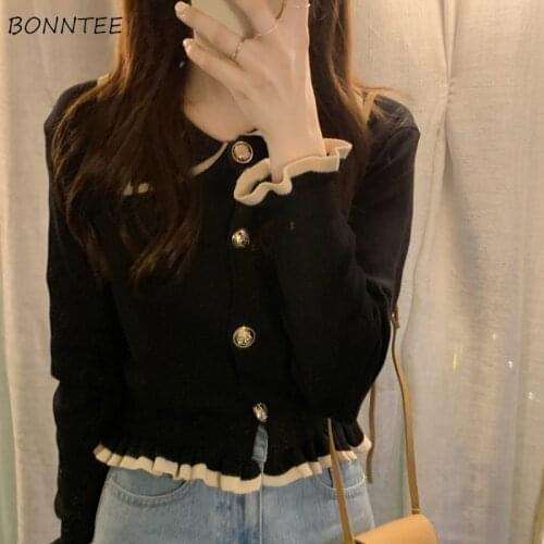 Cropped Sweaters Women Turn-down Collar Patchwork Autumn All-match Korean Style Knitting Female Cardigan Fashion Casual Soft New