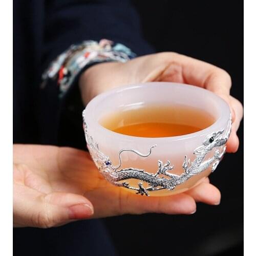 Silver Inlay Heat Resistant Glass Teacup Creative Kung Fu Master Cup Jade Porcelain Silver Dragon Teacup Handmade Office Tea Set