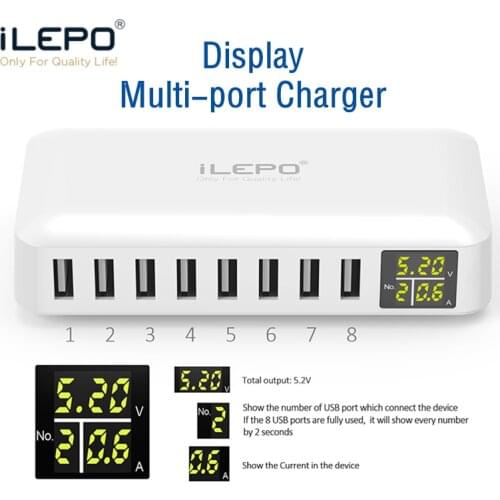 ILEPO LED Display 8 Port USB charger HUB Smart Quick Charge USB Multi-port Charging Station Mobile Phone Desktop Wall Home