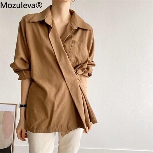 Mozuleva Casual Turn-down Collar Women Solid Blouses Tops 2021 Autumn Full Sleeve Pocket Female Shirts Elegant Ladies Blusas