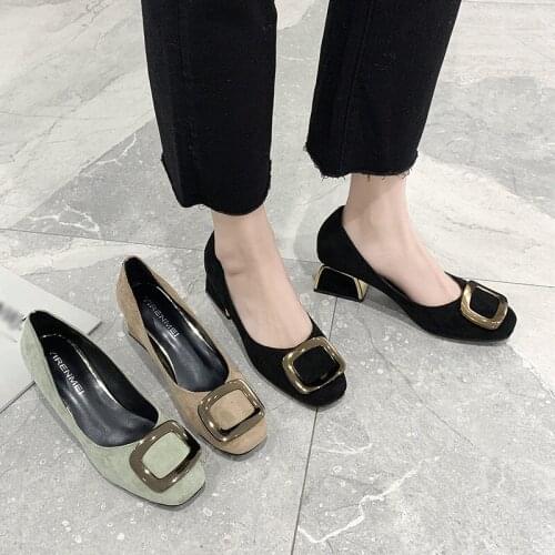 Womens Block Heels, Korean Style Fashion Pumps, Black High-heeled Shoes (Suede, Square Toe)