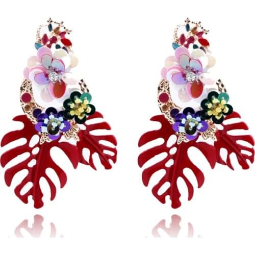 Bohemian Exaggerated Sequin Beaded Flower Alloy Leaf Drop Dangle Earrings For Women Party Jewelry 6 Colors Statement Pendientes