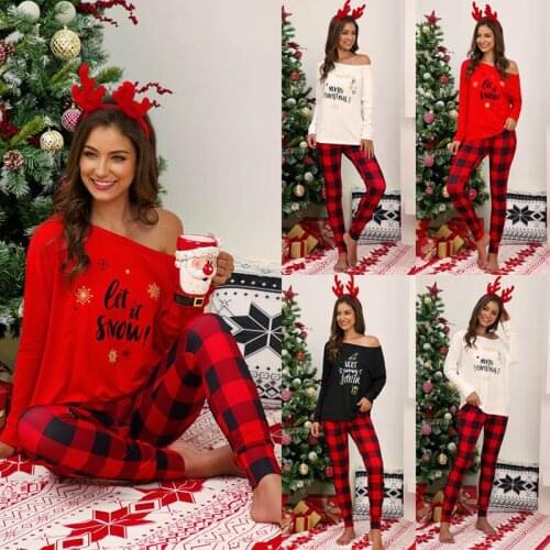 Christmas Costume Letters Printed Women Long Sleeve Shirt Plaid Long Pants Sleepwear Pajamas Home Service Suit пижама женская